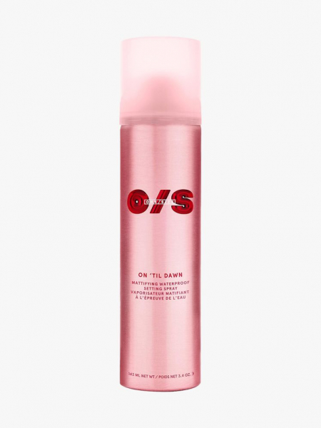 One/Size On 'Til Dawn Mattifying Waterproof Setting Spray pink chrome spray bottle on light gray background