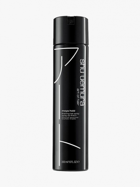 Shu Uemura Moya Hold Finishing Hair Spray black bottle of hair spray on light gray background