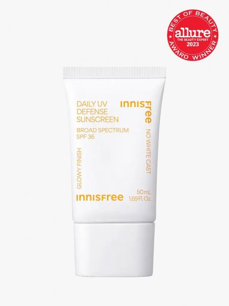 Innisfree Daily UV Defense Sunscreen Broad Spectrum SPF 36 in branded component with best of beauty 2023 seal in the top right corner