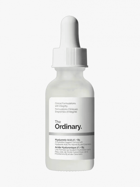 The Ordinary Hyaluronic Acid 2% + B5 in white branded dropper component on a light gray background