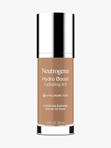 Neutrogena Hydro Boost Hydrating Tint bottle of foundation with silver lid on light gray background